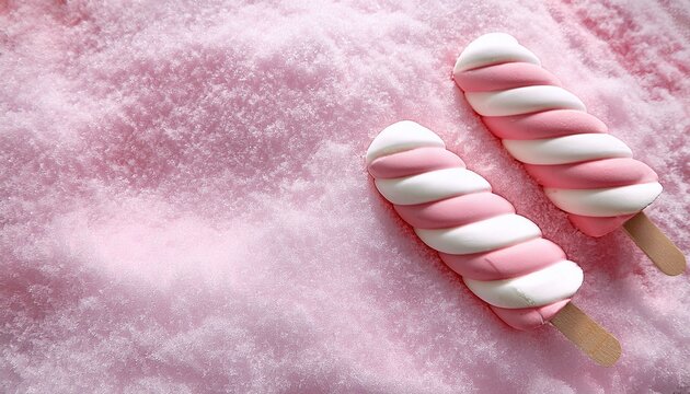 Colorful striped light pink and white popsicles on pale pink snow backgrund with copy space. Summer background