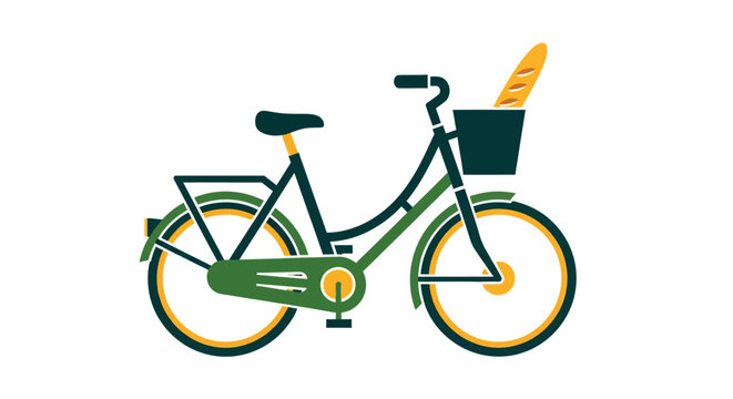 Green vintage bicycle with bread in front basket illustration.
