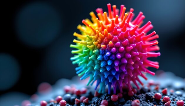 The image features a highly detailed, colorful representation of a virus or microorganism with a spherical shape covered in numerous spike like protrusions