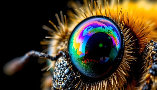 The image features a highly detailed, close up view of an insect's head, emphasizing its large, multifaceted eye