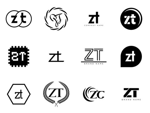 ZT logo company template. Letter z and t logotype. Set different classic serif lettering and modern bold text with design elements. Initial font typography.