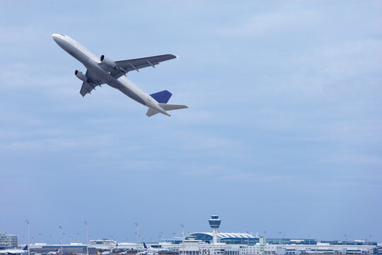 Europe, Germany, Bavaria, Commercial passenger air plane taking off at Munich airport
