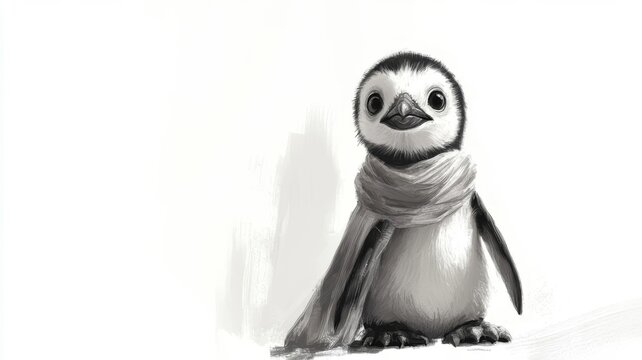 Adorable baby penguin wearing a scarf black and white digital illustration art print design.
