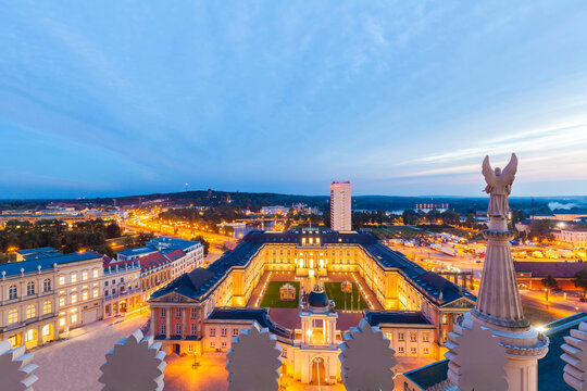 Germany, Potsdam, view to lighted Potsdam City Palace with Fortuna Portal from St. Nicholas church