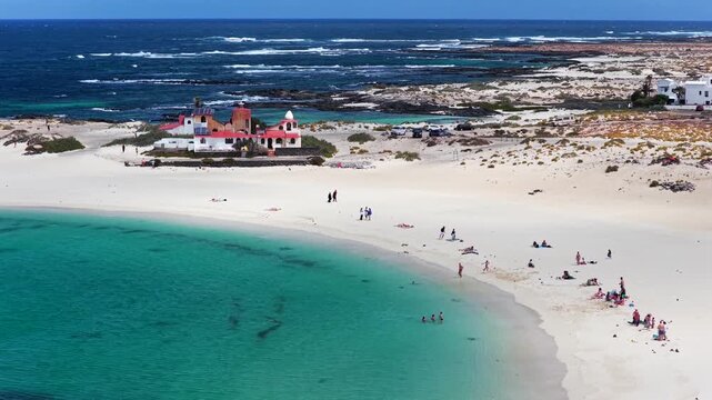 La Concha Beach El Cotillo Fuerteventura Aerial View of Turquoise Lagoon and People Swimming in Desert Paradise