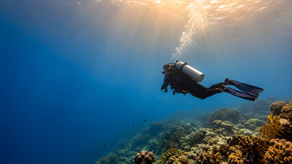 Fototapeta premium Scuba Diver Above a Tropical Reef with Open Blue Water and Sun Rays