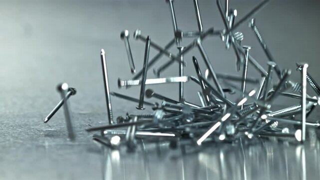 Long nails in energetic lift and scatter across textured floor, crisp Filmed on a high-speed camera at 1000 fps.