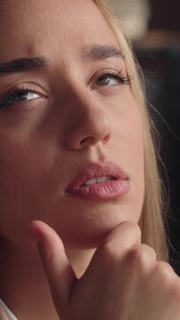 Headshot focused concentrated Caucasian business woman thinking deep in thoughts hesitating female businesswoman think lady specialist office worker thoughtful searching answer inspiration at office