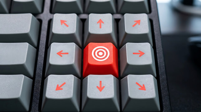 Red keyboard key with target symbol surrounded by arrow keys bullseye