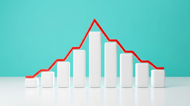 Red line graph rising and falling over white 3 D bar chart image