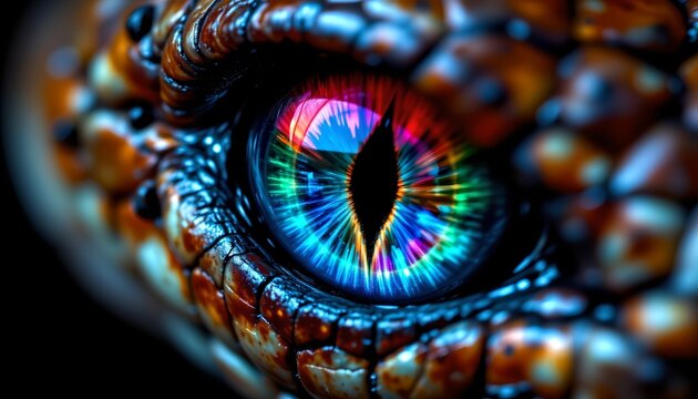 The image presents an extreme close up of an eye with vibrant, iridescent colors radiating from the central slit shaped pupil