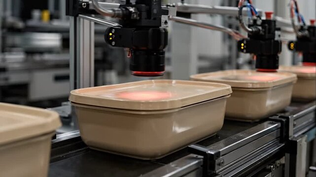 Sustainable packaging production automated conveyor inspection of plastic containers with robotic sensor camera quality control and factory
