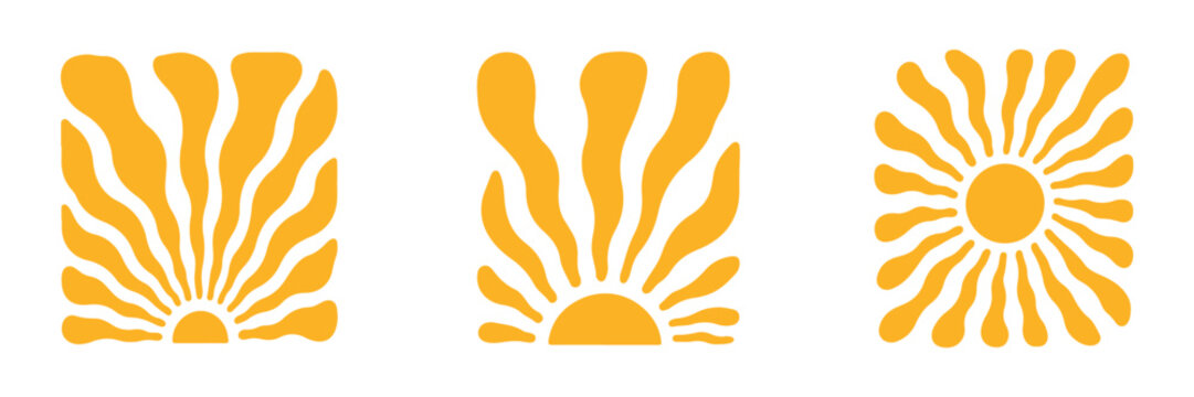 Groovy retro abstract sun backgrounds. Sun groovy design elements set. Various yellow floral hippie 60s 70s style.