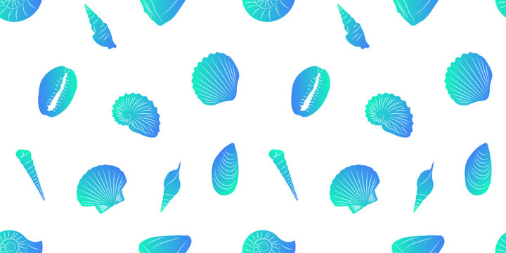 Seamless pattern of blue green gradient seashells on a white background
