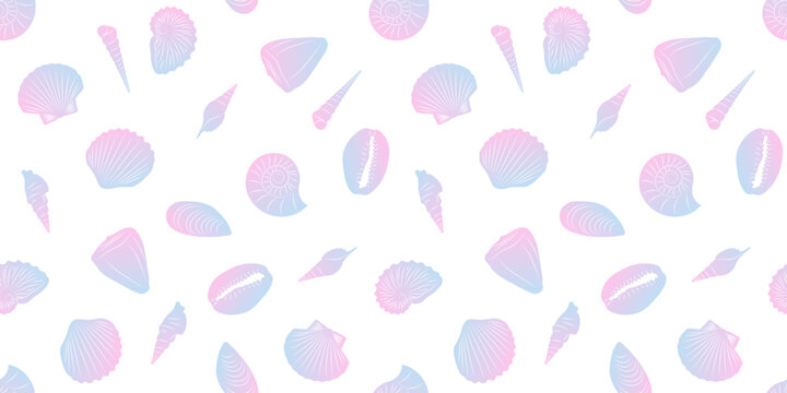 Seamless pattern of holographic gradient blue pink shells on white background
