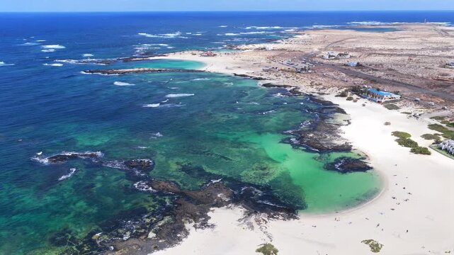La Concha Beach El Cotillo Fuerteventura Aerial View of Turquoise Lagoon and People Swimming in Desert Paradise
