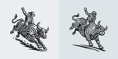 Bull Rider Rodeo Woodcut Illustration Set © Quivr
