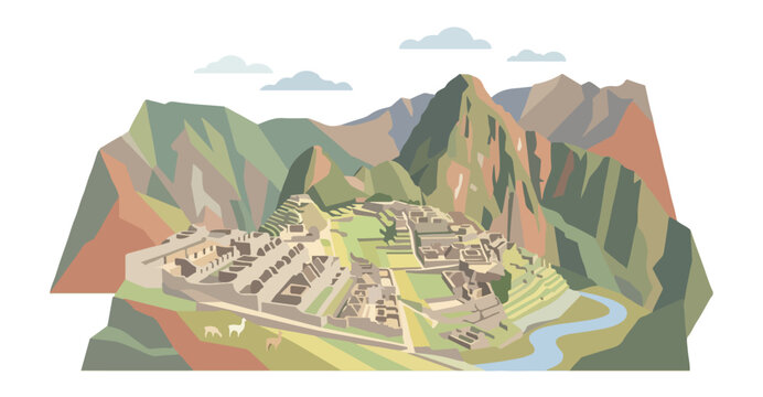 Minimal flat vector illustration of Machu Picchu with geometric mountain scenery, earthy pastel tones, clean modern shapes, and a stylish travel poster aesthetic on a white background.
