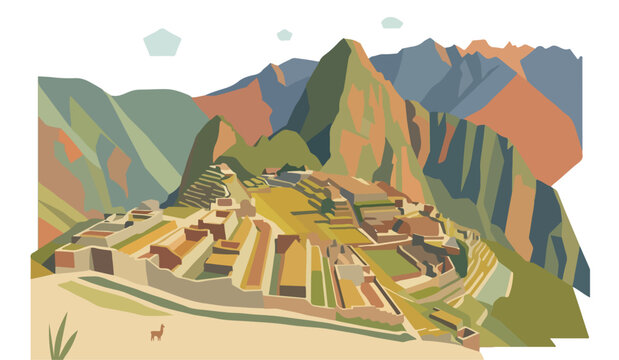 Flat minimalist vector illustration of Machu Picchu, geometric mountain scenery, earthy pastel accents, trendy clean style, isolated on white background
