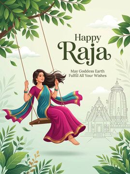 Woman in traditional indian attire swinging on a rope swing with temple background celebrating raja festival