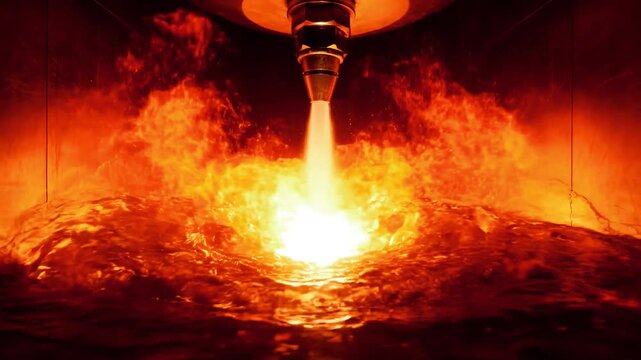 Molten metal stream pouring into fiery liquid intense heat industrial flow glowing metal action