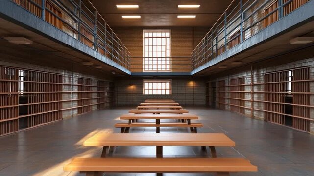 Interior view of a prison or correctional facility, with benches and barred cells