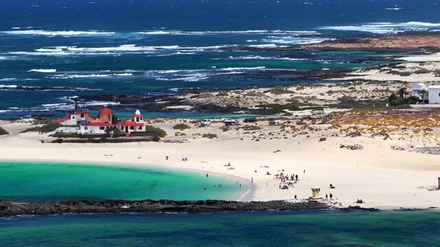 La Concha Beach El Cotillo Fuerteventura Aerial View of Turquoise Lagoon and People Swimming in Desert Paradise