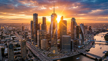 Obraz premium Aerial View of Modern City Skyline with Glass Skyscrapers at Sunset Golden Hour, Financial District, Urban Development, Business Growth and Investment Concept