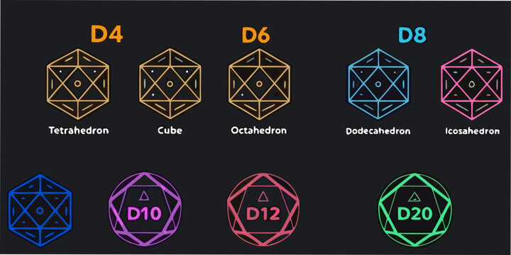Polyhedral dice set vector illustration with neon colored outlines