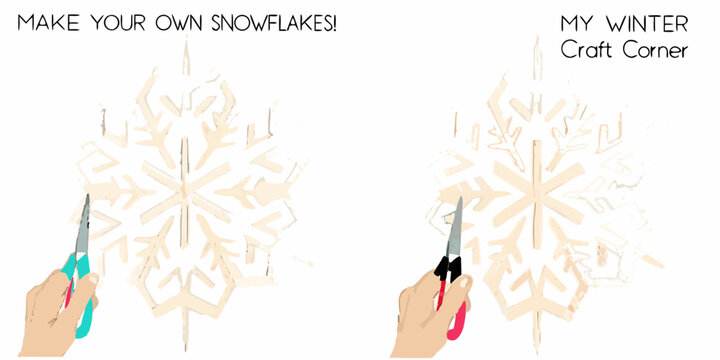 Hands Holding Scissors Cutting Paper Snowflakes Vector Illustration