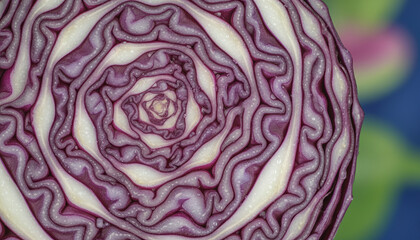 Obraz premium Red cabbage cross section macro with intricate purple and white labyrinth pattern