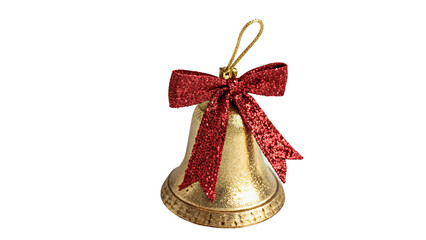Golden metallic Christmas bell with red ribbon bow decoration on transparent background © Boris