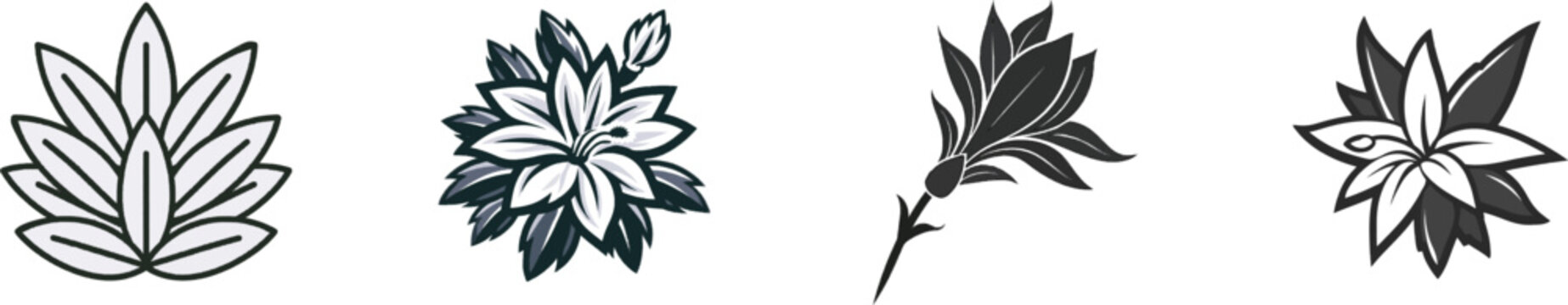 A bold graphic silhouette of a Christmas Cactus Schlumbergera botanical emblem in solid black ink against a pure white background, vectorized for high contrast and clean sharp contours