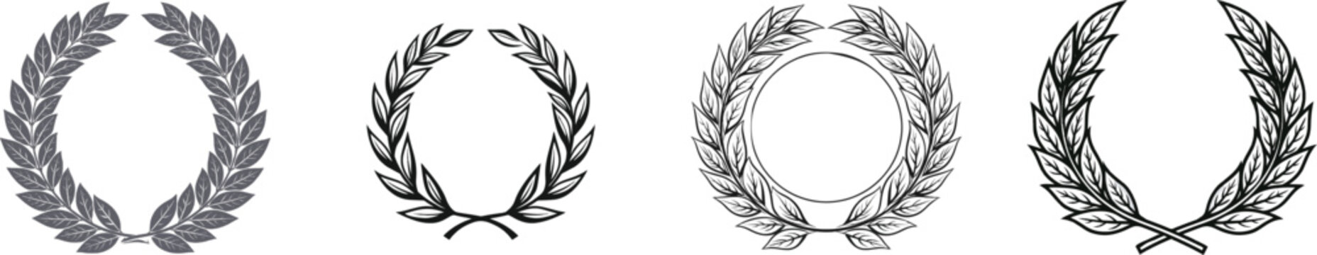 A classic bay leaf wreath corner ornament with bold graphic silhouette, solid black ink shape, pure isolated white background, vector sticker style, high contrast, clean sharp contours, no shading or