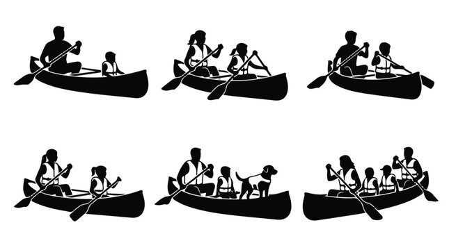 Silhouettes of people in canoes with oars