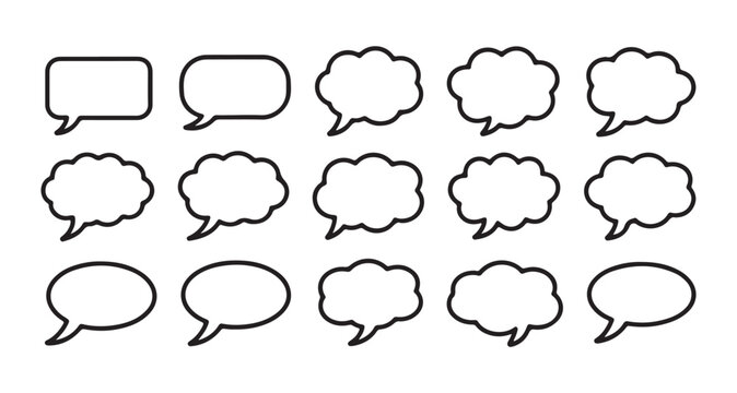 Speech bubble line icon set for communication chat message and social media interaction design elements.