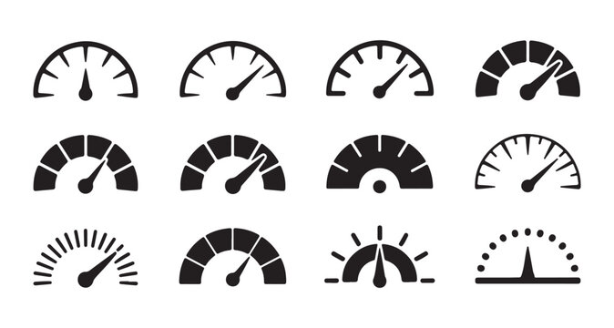 Speedometer gauge dashboard icons set vehicle speed indicator level measurement symbols monochrome design.