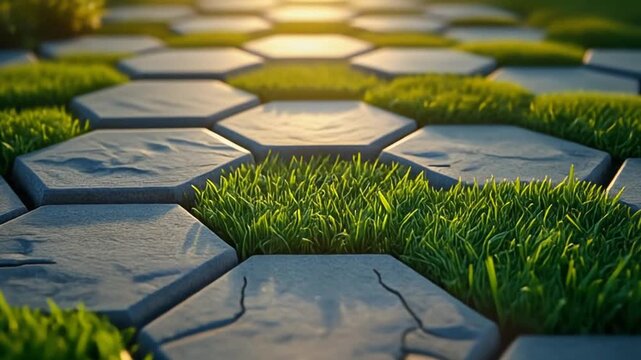 A serene outdoor video showcasing a beautifully designed lawn with hexagonal stone tiles and lush green grass in a peaceful atmosphere.