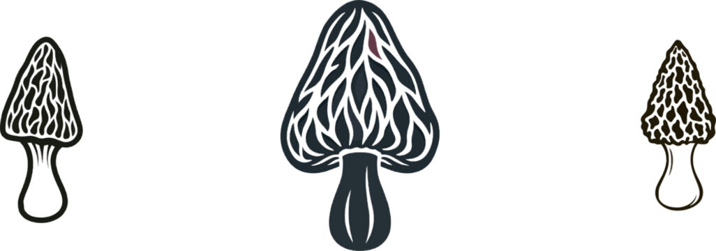 A minimalist botanical silhouette of a morel mushroom in solid black against a clean white background, featuring high-contrast vector design elements with sharp edges and no textures or gradients
