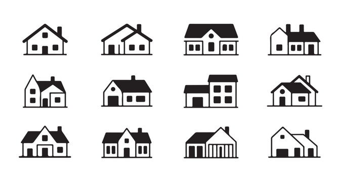 Set of twelve stylized modern house icons representing different residential building types and architectural styles.
