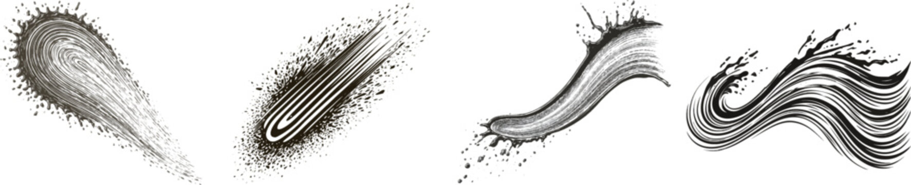 A striking acrylic grunge swoosh in espresso brown, isolated on a white background, features dynamic directional spray and sharp fragmented bits for seamless vector tracing