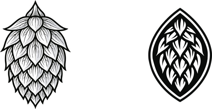 A minimalist black ink hop cone illustration with crisp white background, showcasing elegant fine line art in a vector graphic icon style