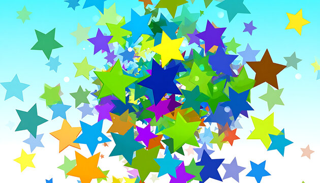 A vibrant explosion of colorful pixelated stars scattered across a gradient blue and white background, abstract festive celebration, confetti effect