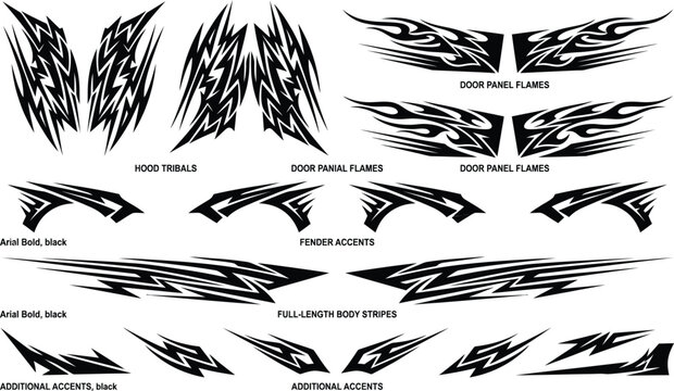 Collection of black tribal car decals and vinyl flame graphics for hood, door panel, fender accents, and full length vehicle body stripes 