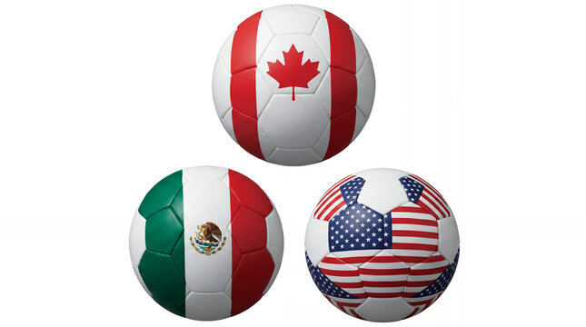 Three North American Soccer Balls Canada Mexico USA Triangle Composition Isolated White 3D