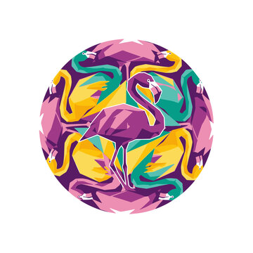 Colorful geometric flamingo birds in a circular pop art illustration