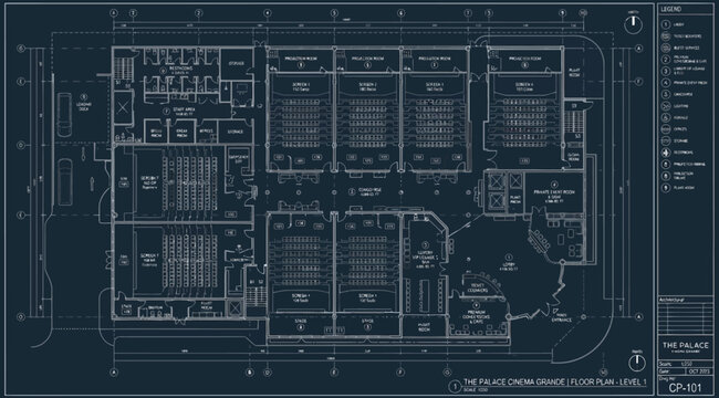 Architectural blueprint of a multiscreen cinema complex floor plan