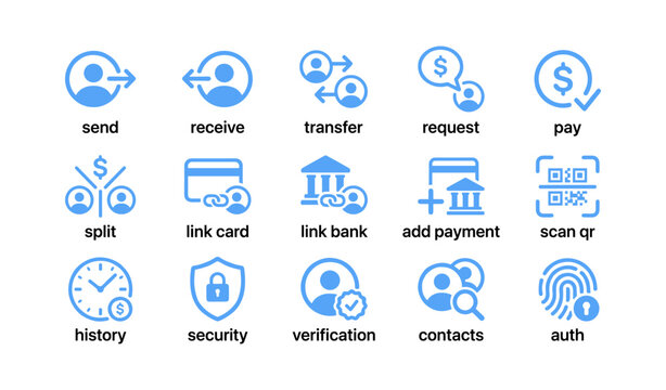 Payment icons showing send receive transfer and account actions