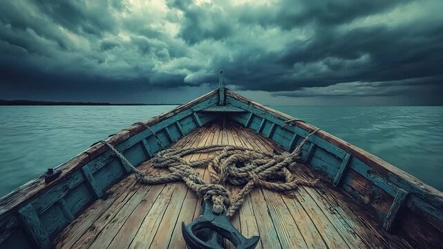View from the bow of an old wooden boat navigating a stormy sea. Overcast skies dominate