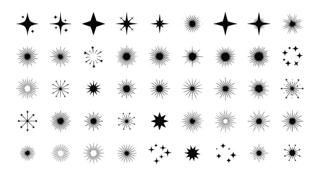Collection of handdrawn star and sparkle icons, various shapes and styles of twinkling stars, vector set